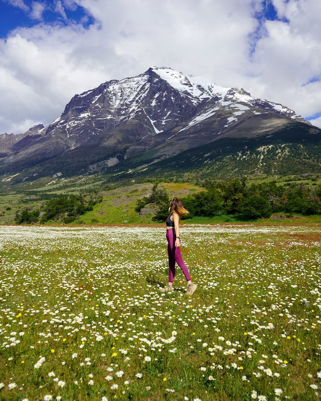 woman standing in a flower field with snow-capped mountain in background