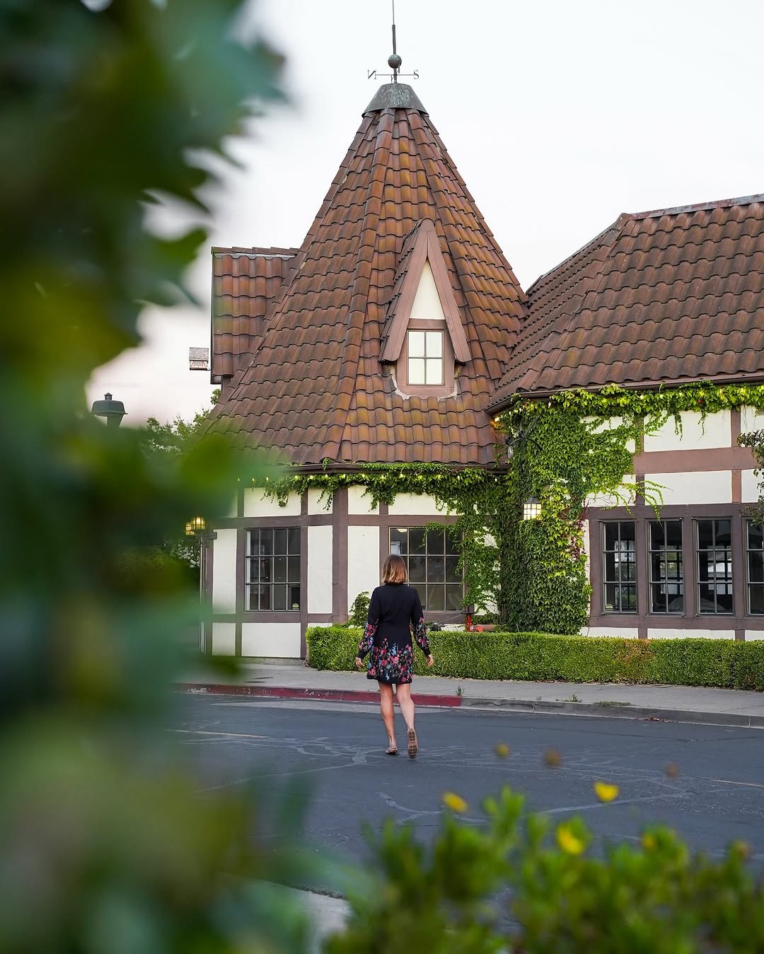 A half-timbered, Danish-style house on a quiet street in Solvang