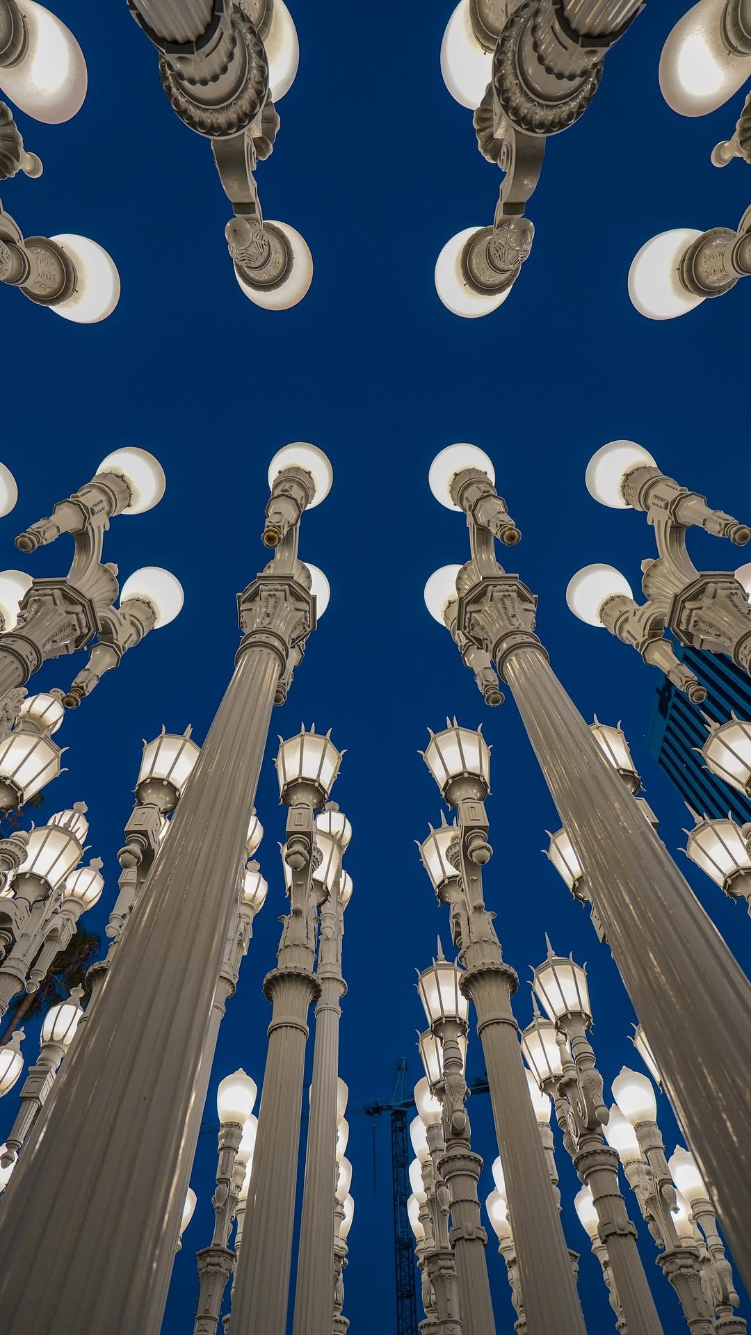 Looking up through the rows of vintage streetlamps of Urban Light at LACMA