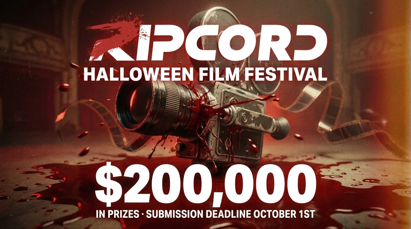 Ripcord Halloween Film Festival key art: a vintage film camera splashed with red, with $200,000 in prizes and the October 1 submission deadline
