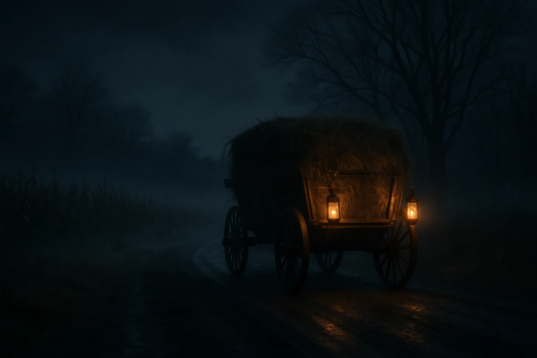 Sample picture: hay wagon on a farm road at night