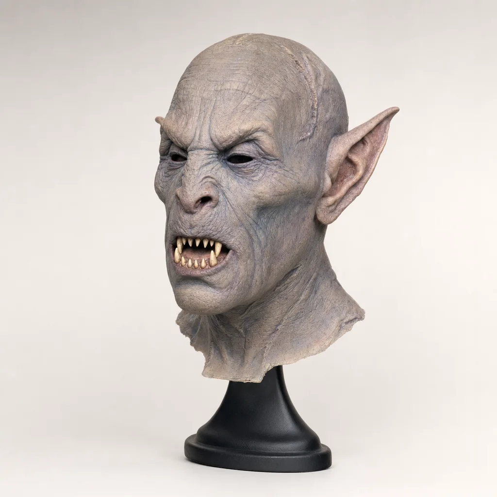 Latex creature mask on a display stand
