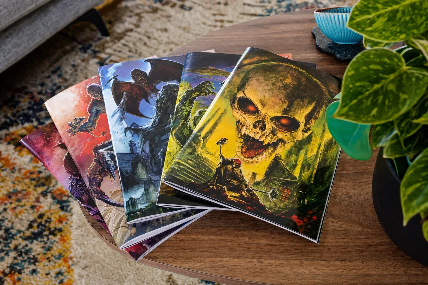 Sample picture: horror magazines on a coffee table