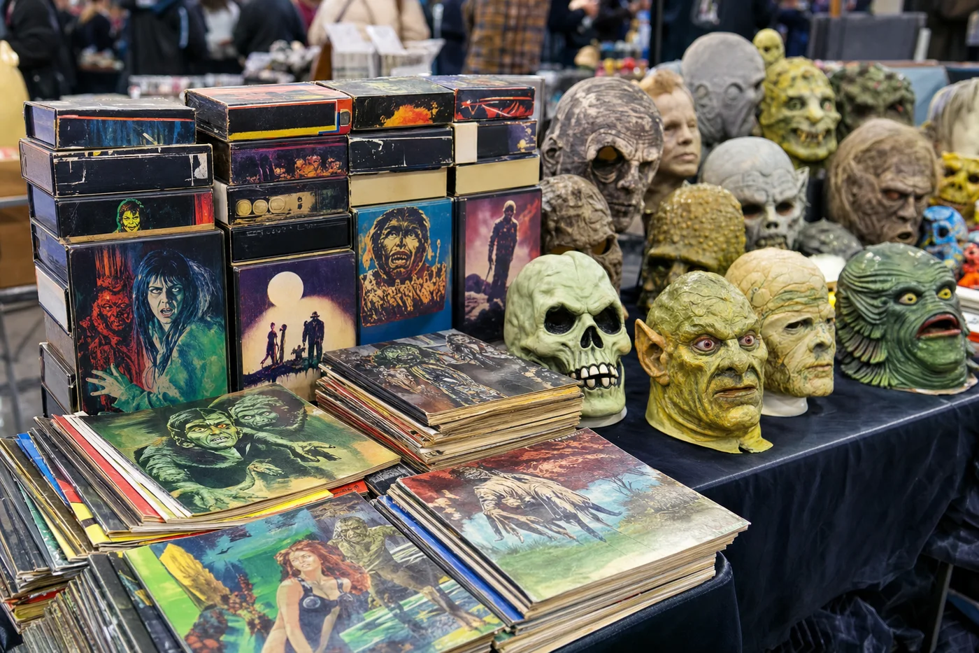 Sample picture: a dealer table of VHS tapes and masks