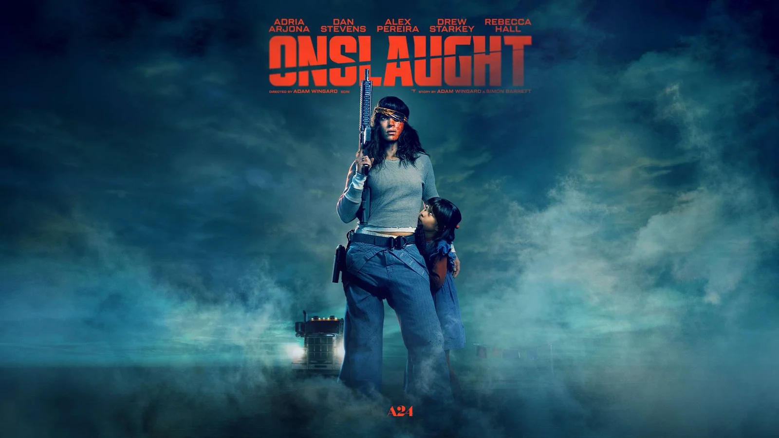 Onslaught key art: a woman holding a rifle with a child behind her, under the film's title