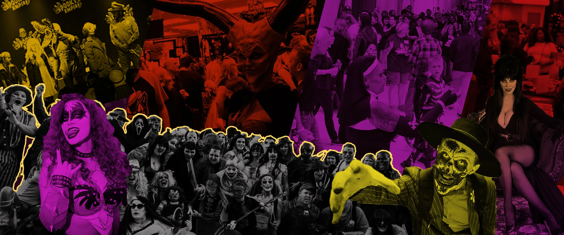 A collage of costumed fans at Spooky Empire tinted purple, red and yellow.