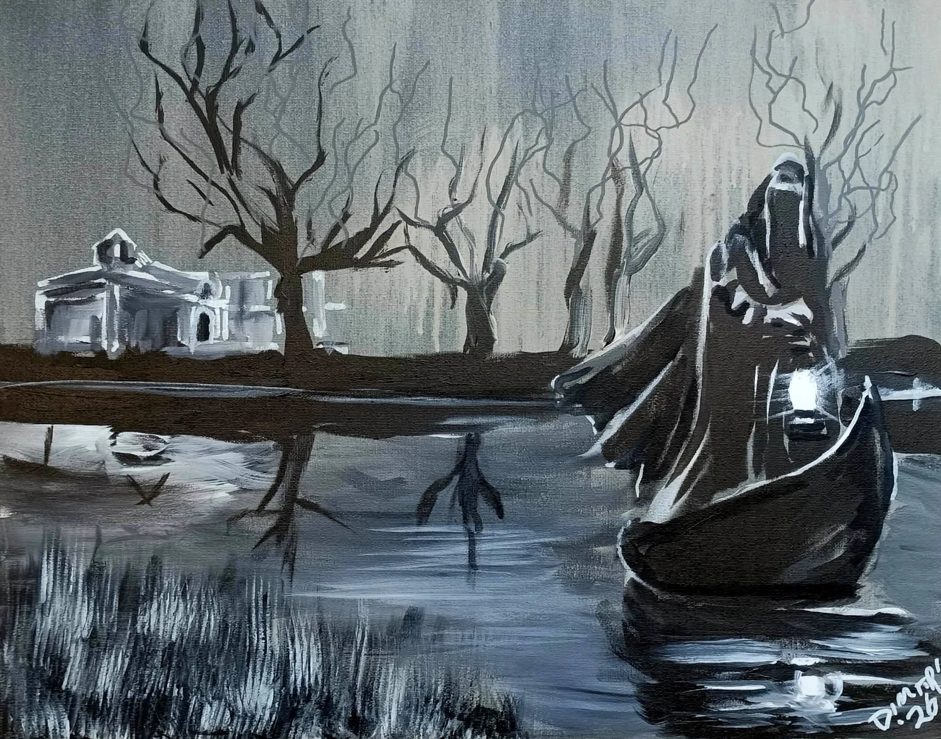 A black and white painting of a hooded figure with a lantern in a boat on a misty lake near a mausoleum.