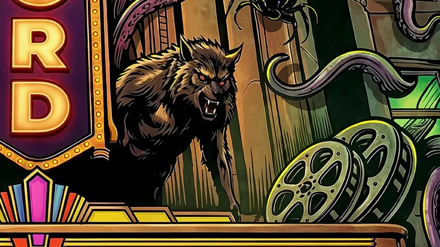 Detail of the Ripcord Halloween Film Festival poster by Jim TAZ Evans: a werewolf snarls on the marquee between the Ripcord sign and a stack of film reels
