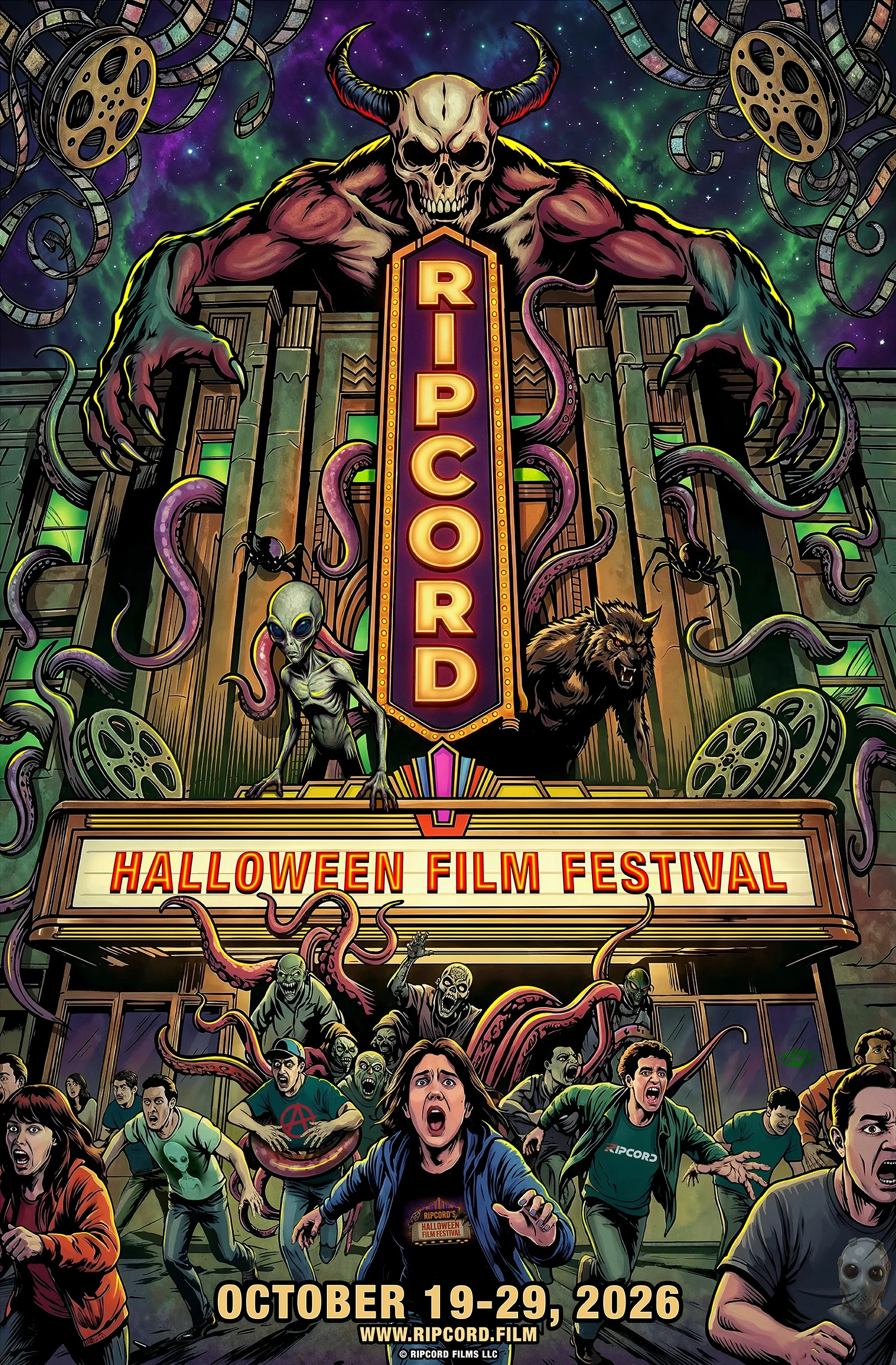 Ripcord Halloween Film Festival poster by Jim TAZ Evans: a horned skull demon looms over a movie theater marquee as an alien, a werewolf, tentacles and zombies chase a crowd into the street