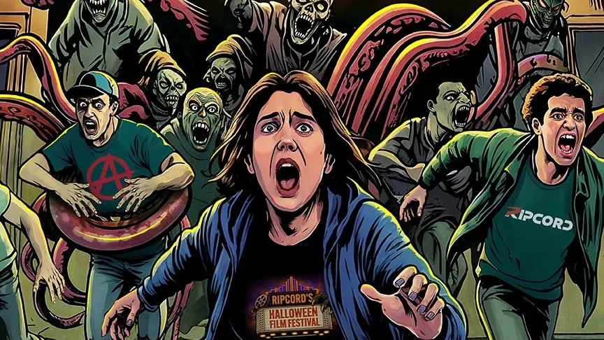 Detail of the Ripcord Halloween Film Festival poster by Jim TAZ Evans: people in festival shirts run from zombies and tentacles