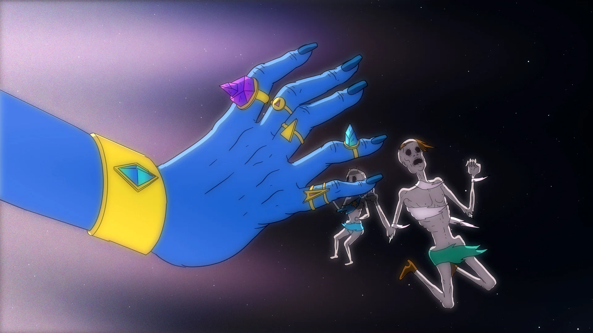Still from THE MAGICIAN: animation of a large blue hand with rings and long nails reaching toward thin pale figures in space