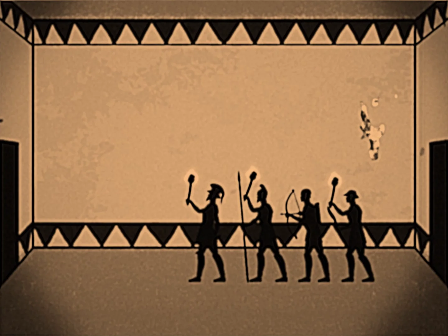 Still from THE GATES OF IRKALLA: silhouette animation of four armed figures carrying torches and a bow inside a patterned frame