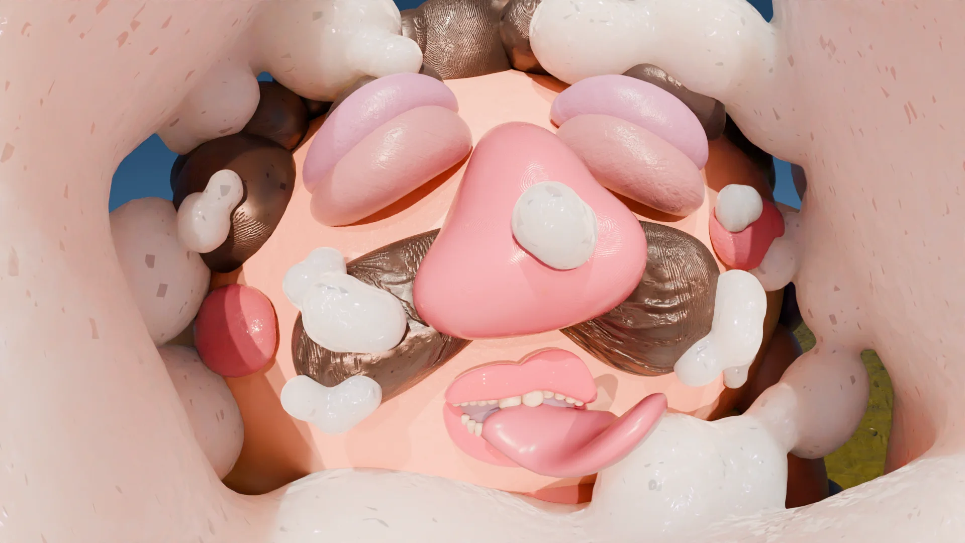 Still from COWMAN: an animated close-up of a pink nose and tongue among pink, white and brown shapes