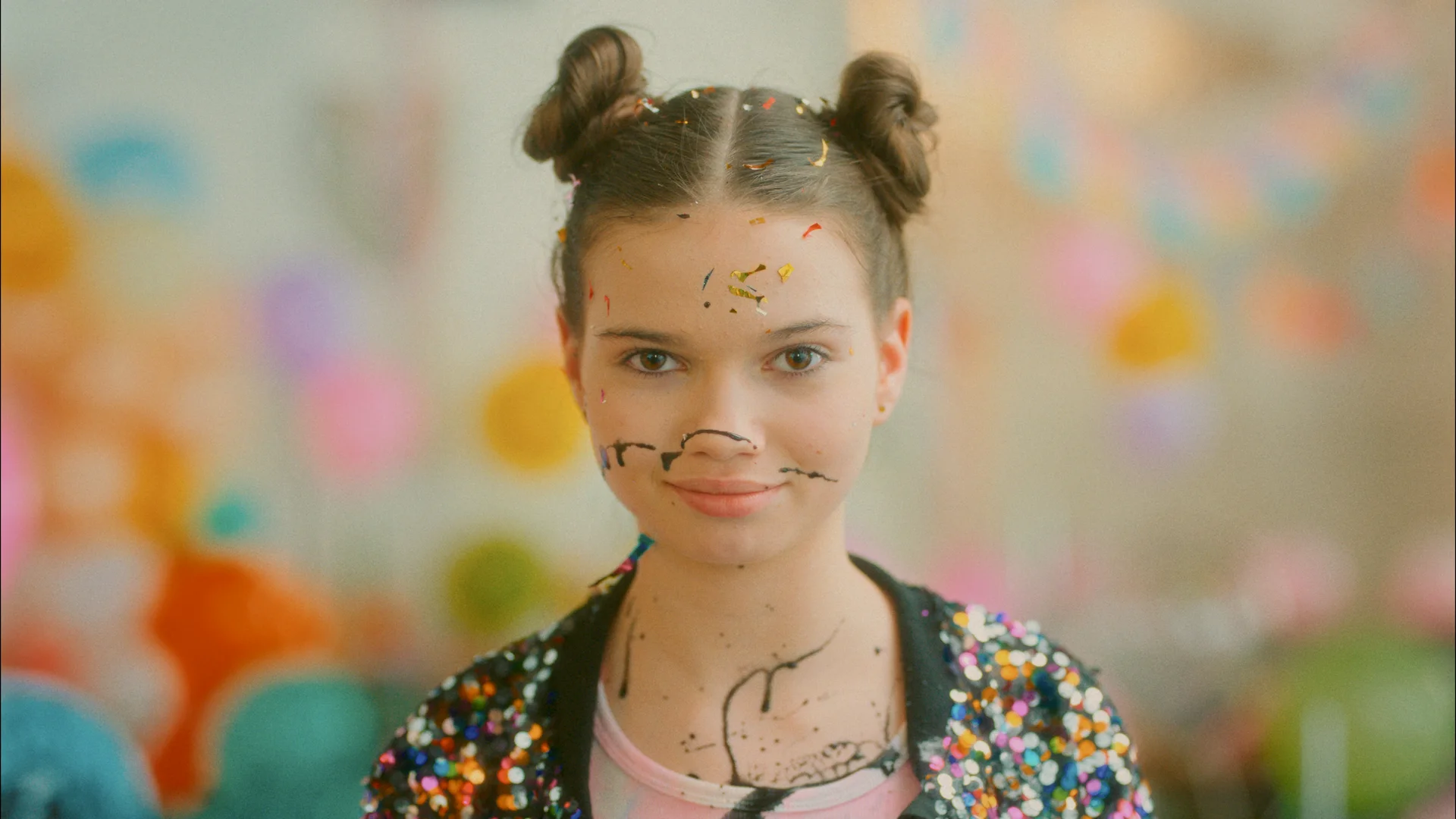 Still from WE NEED TO TALK ABOUT BALLOONS: a smiling girl with her hair in two buns and a sequined jacket, her face spattered with black